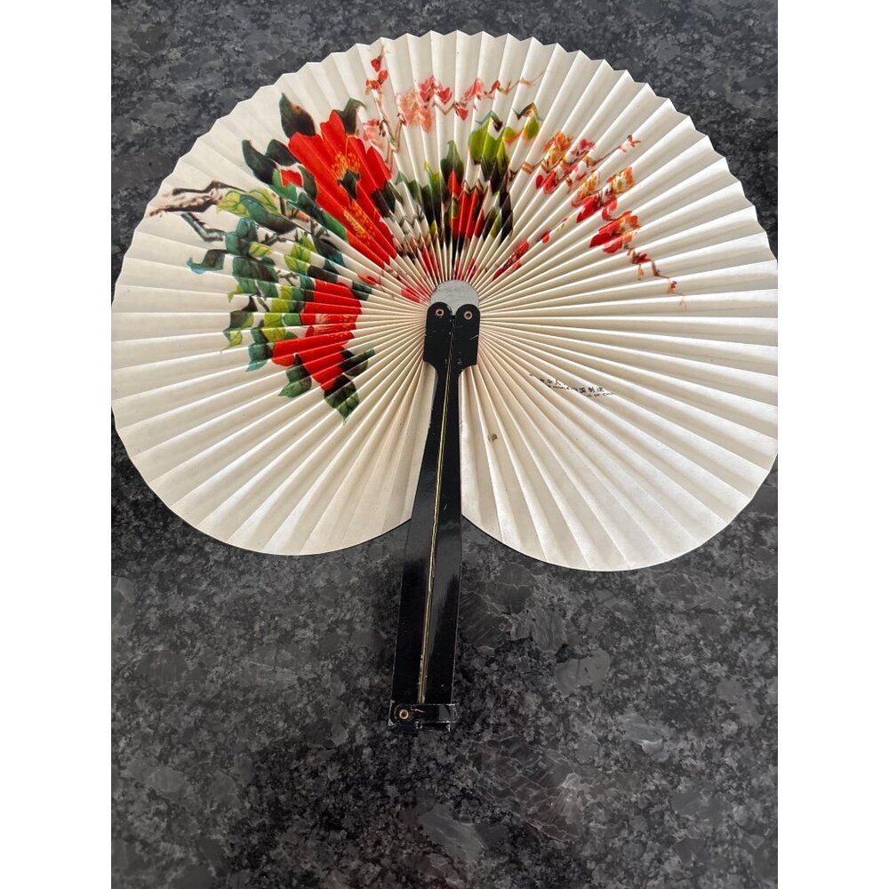 Vintage Chinese Fan With Floral Design Bird & Black Handle Virgin Islands